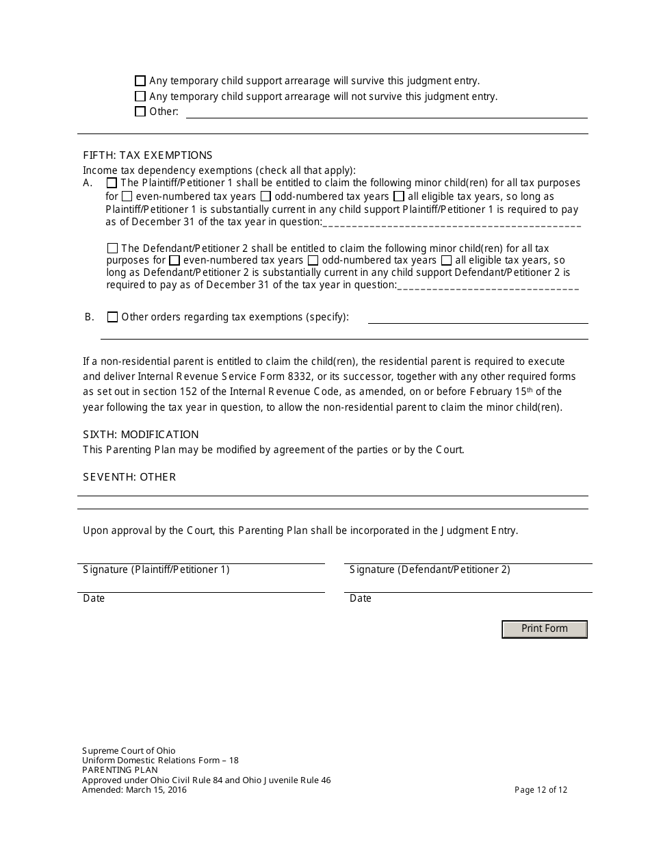 Uniform Domestic Relations Form 18 Parenting Plan - Ohio, Page 12