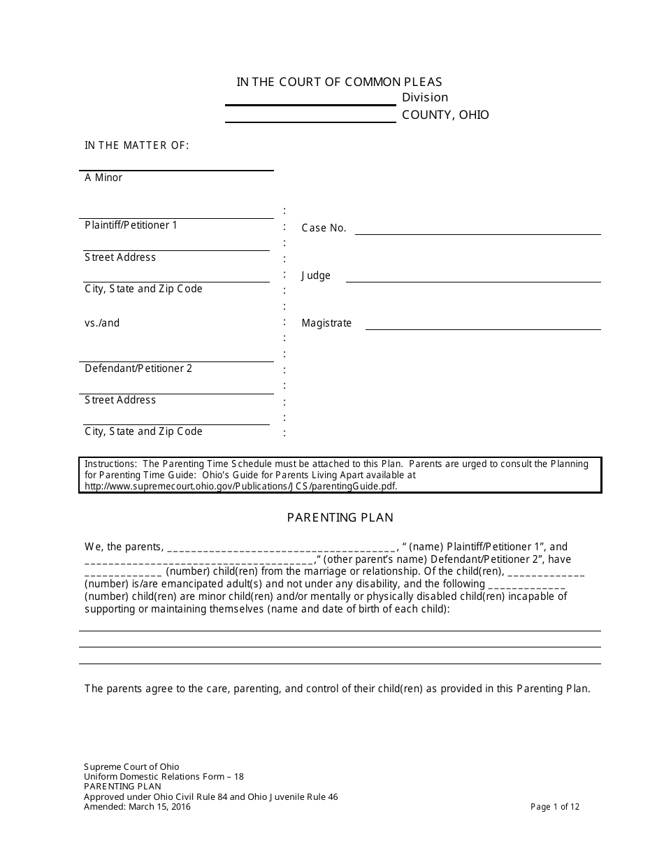 Uniform Domestic Relations Form 18 Parenting Plan - Ohio, Page 1