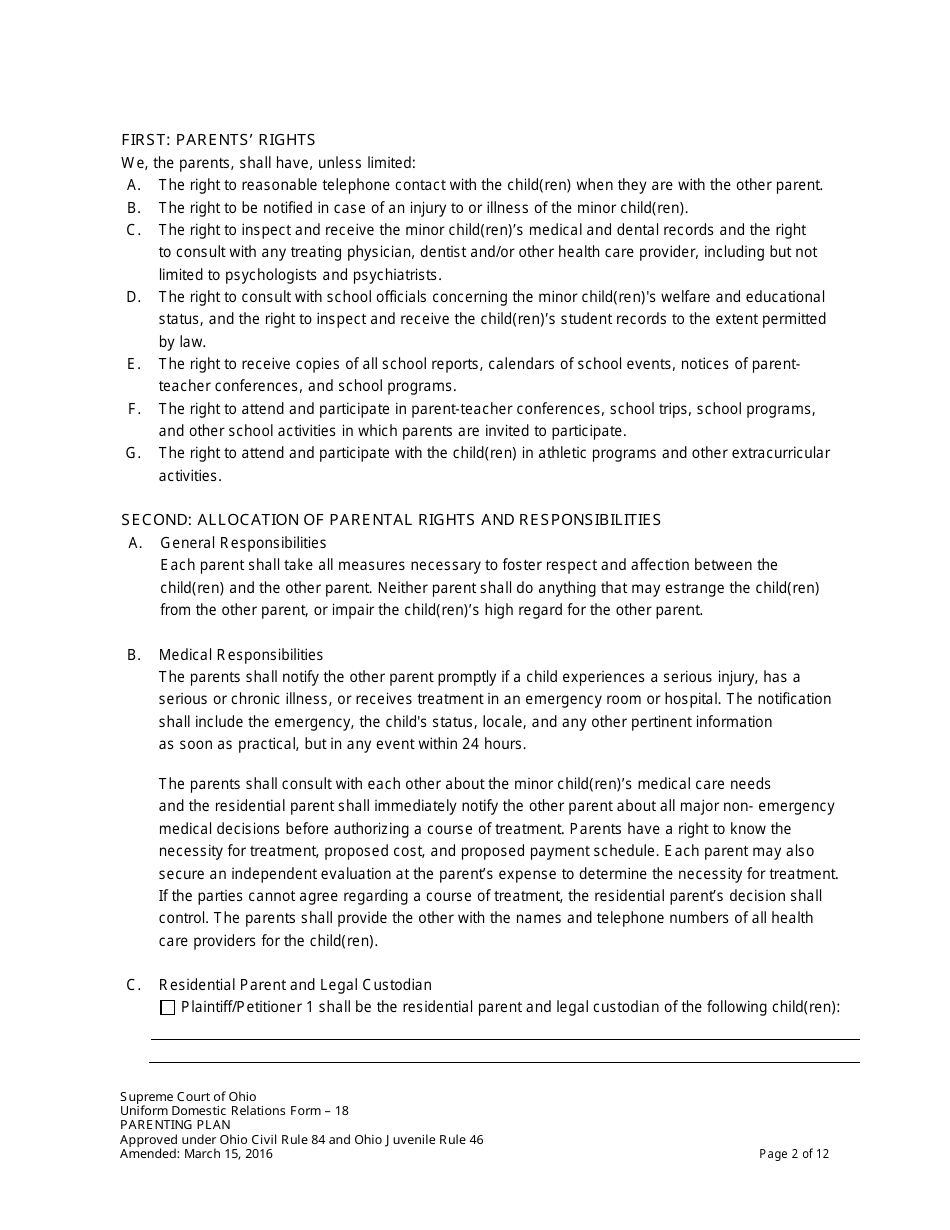 Uniform Domestic Relations Form 18 Parenting Plan - Ohio, Page 2