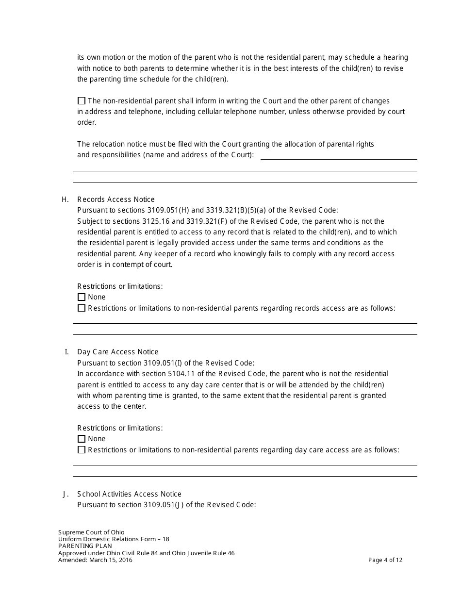 Uniform Domestic Relations Form 18 Parenting Plan - Ohio, Page 4