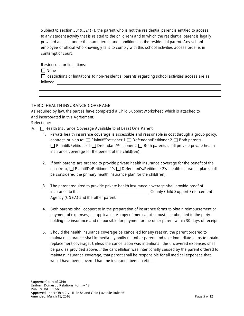 Uniform Domestic Relations Form 18 Parenting Plan - Ohio, Page 5
