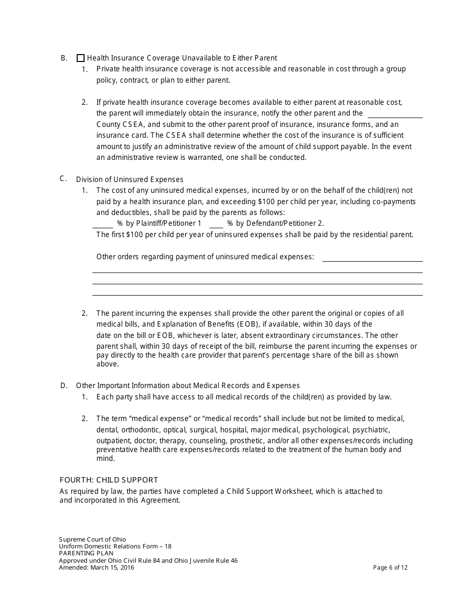Uniform Domestic Relations Form 18 Parenting Plan - Ohio, Page 6