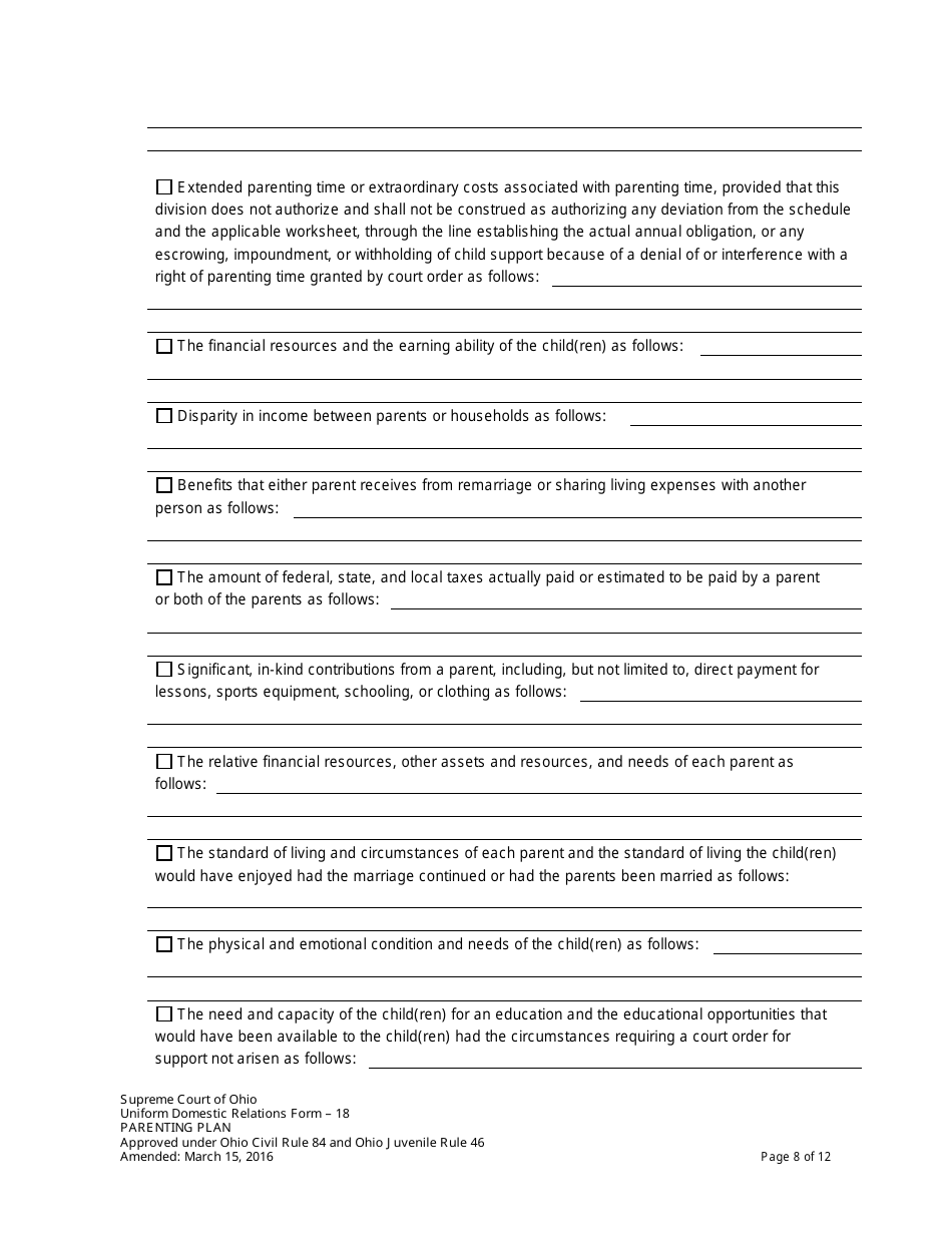 Uniform Domestic Relations Form 18 Parenting Plan - Ohio, Page 8