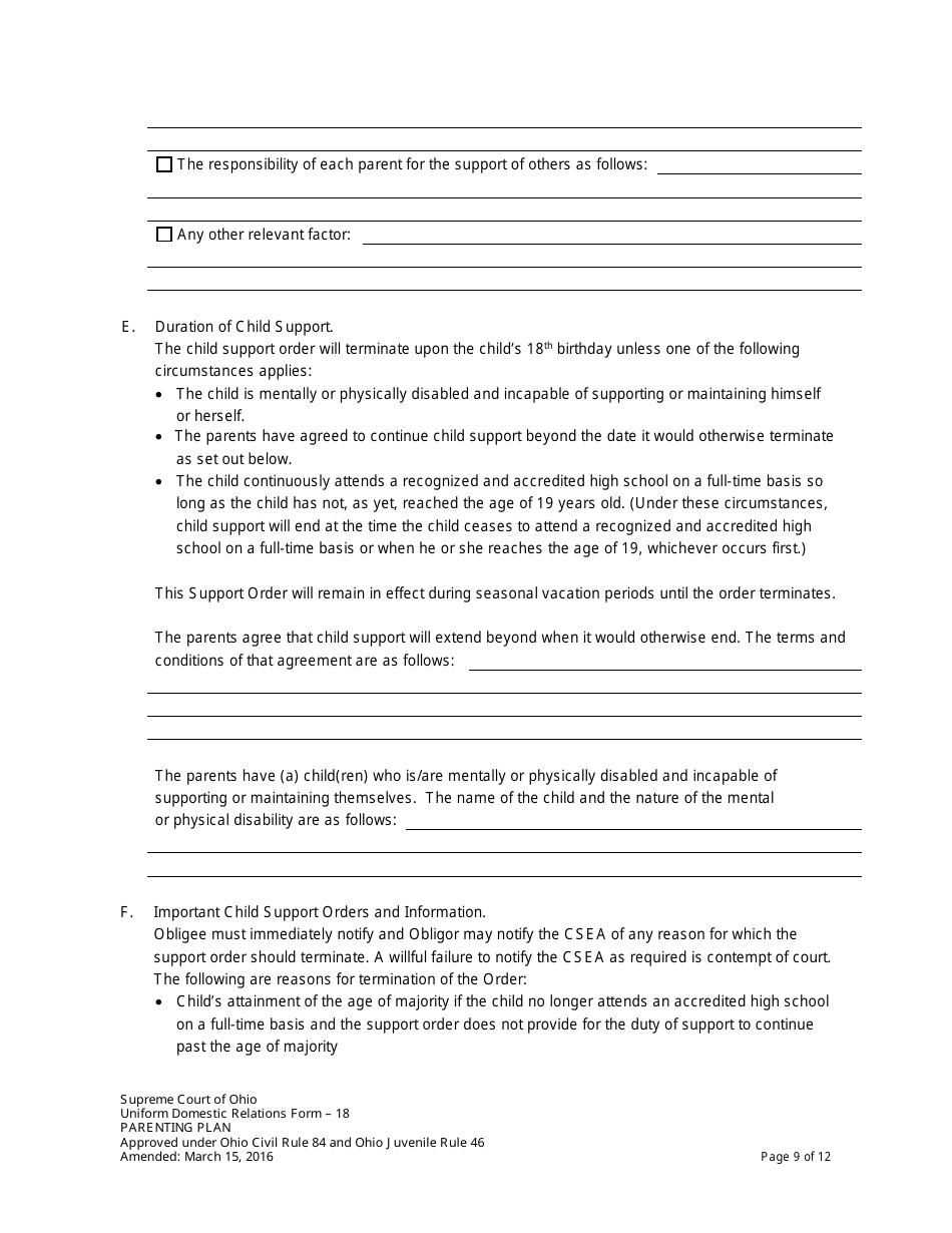 Uniform Domestic Relations Form 18 Parenting Plan - Ohio, Page 9