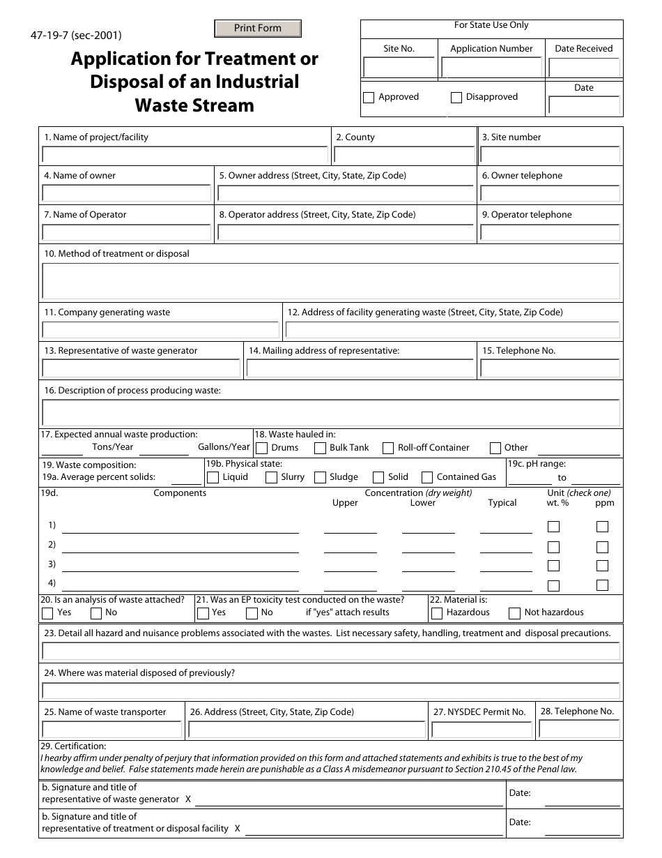 Application for Treatment or Disposal of an Industrial Waste Stream - New York, Page 1