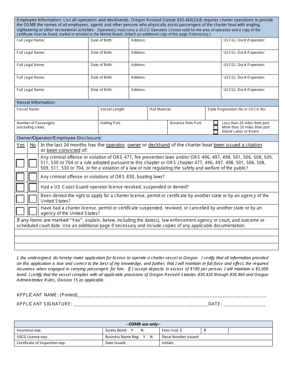 Charter Vessel License Application - Oregon, Page 3