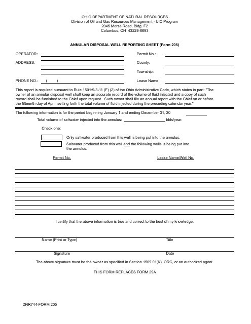 Form 205 Annular Disposal Well Reporting Sheet - Ohio