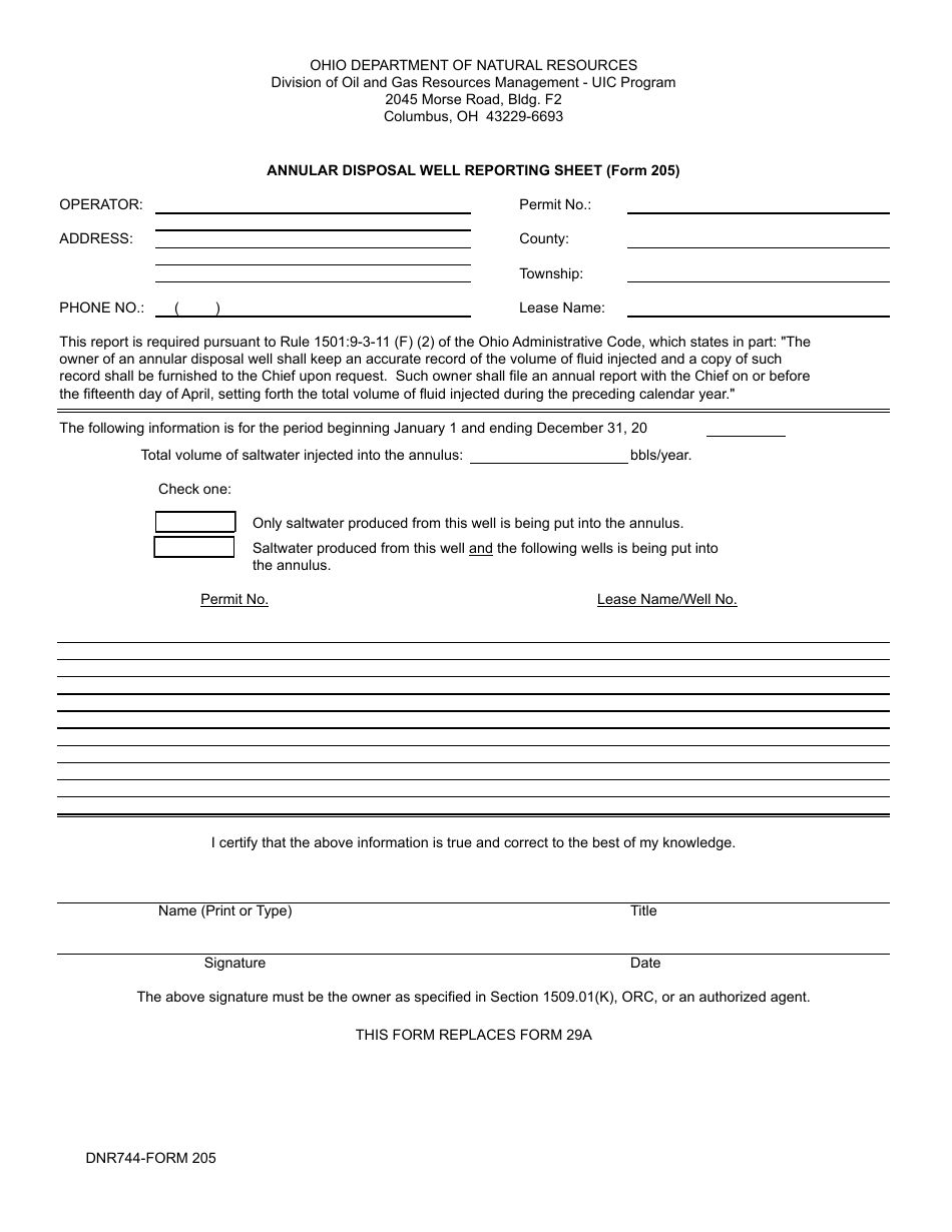 Form 205 Annular Disposal Well Reporting Sheet - Ohio, Page 1