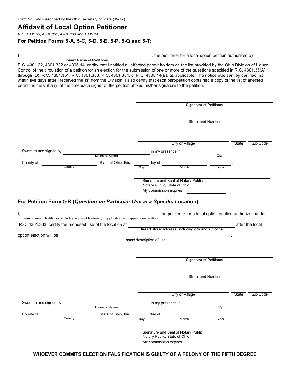 Form 5-N Affidavit of Local Option Petitioner - Ohio, Page 1