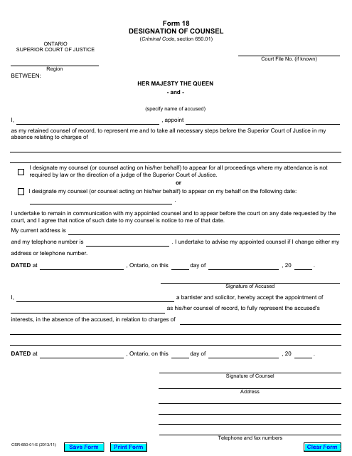 Form 18 Designation of Counsel - Ontario, Canada