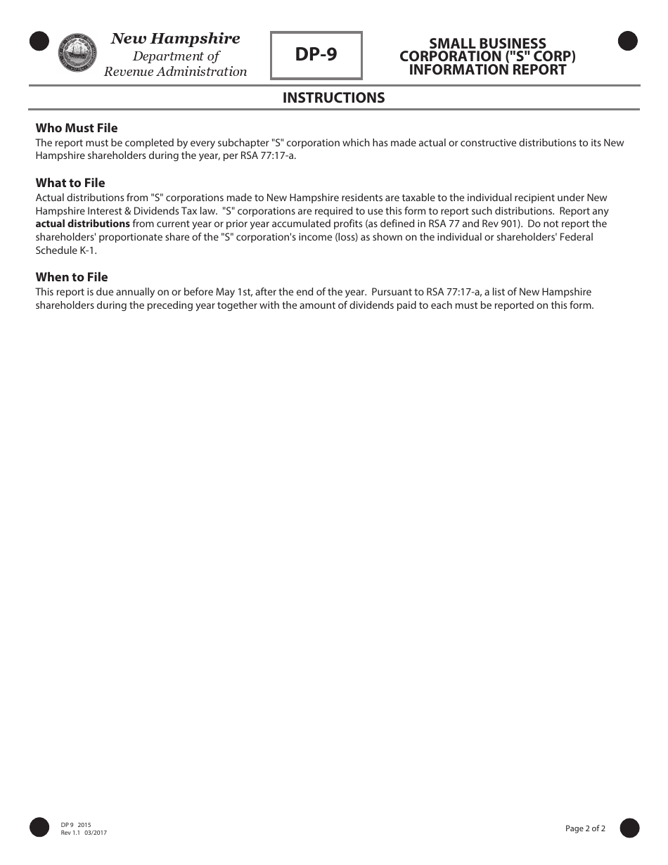 Form DP-9 Small Business Corporation (s Corp) Information Report - New Hampshire, Page 2