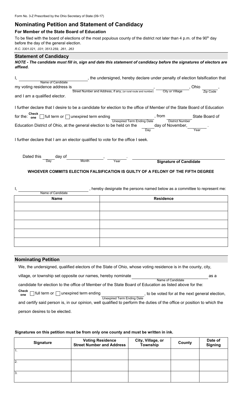 Form 3-Z Nominating Petition and Statement of Candidacy for Member of the State Board of Education - Ohio, Page 1