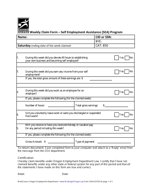 Form 2544 Weekly Claim Form - Self Employment Assistance (Sea) Program - Oregon