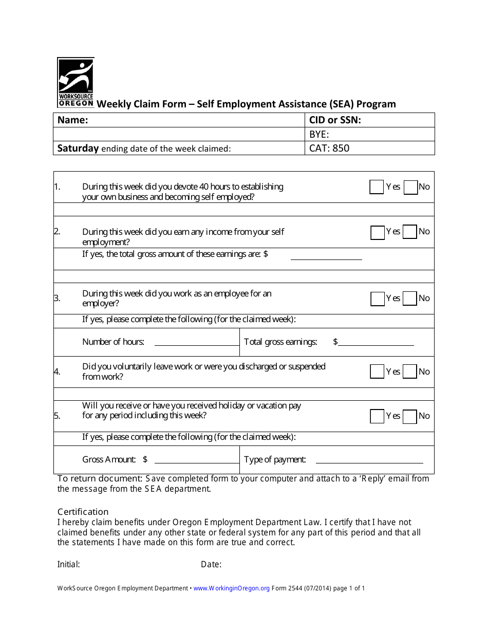 Form 2544 Weekly Claim Form - Self Employment Assistance (Sea) Program - Oregon, Page 1