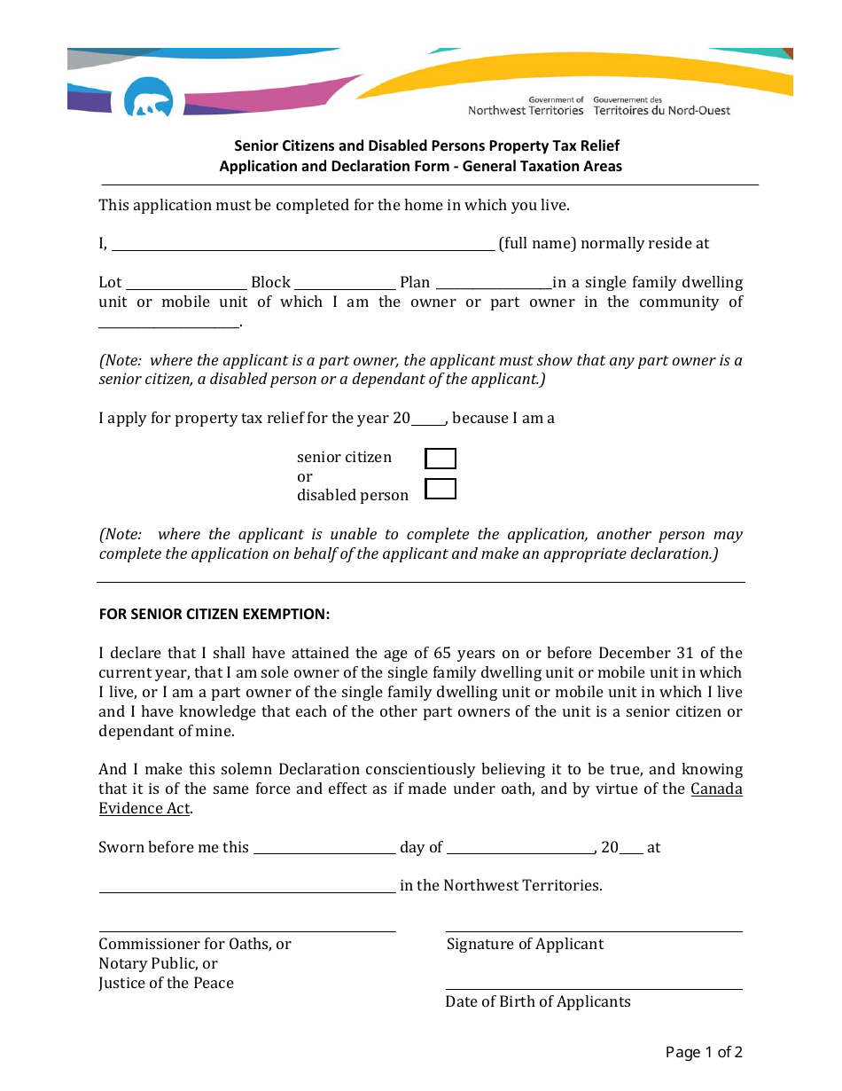 Senior Citizens and Disabled Persons Property Tax Relief Application and Declaration Form - General Taxation Areas - Northwest Territories, Canada, Page 1
