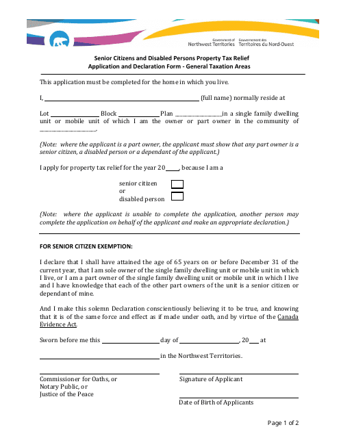 Senior Citizens and Disabled Persons Property Tax Relief Application and Declaration Form - General Taxation Areas - Northwest Territories, Canada Download Pdf