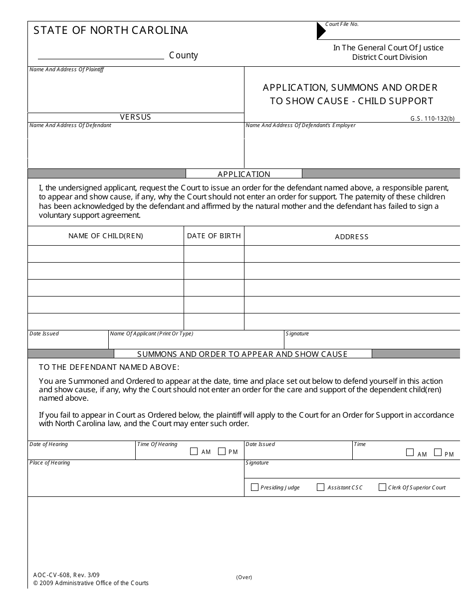 Form AOC-CV-608 Application, Summons and Order to Show Cause - Child Support - North Carolina, Page 1