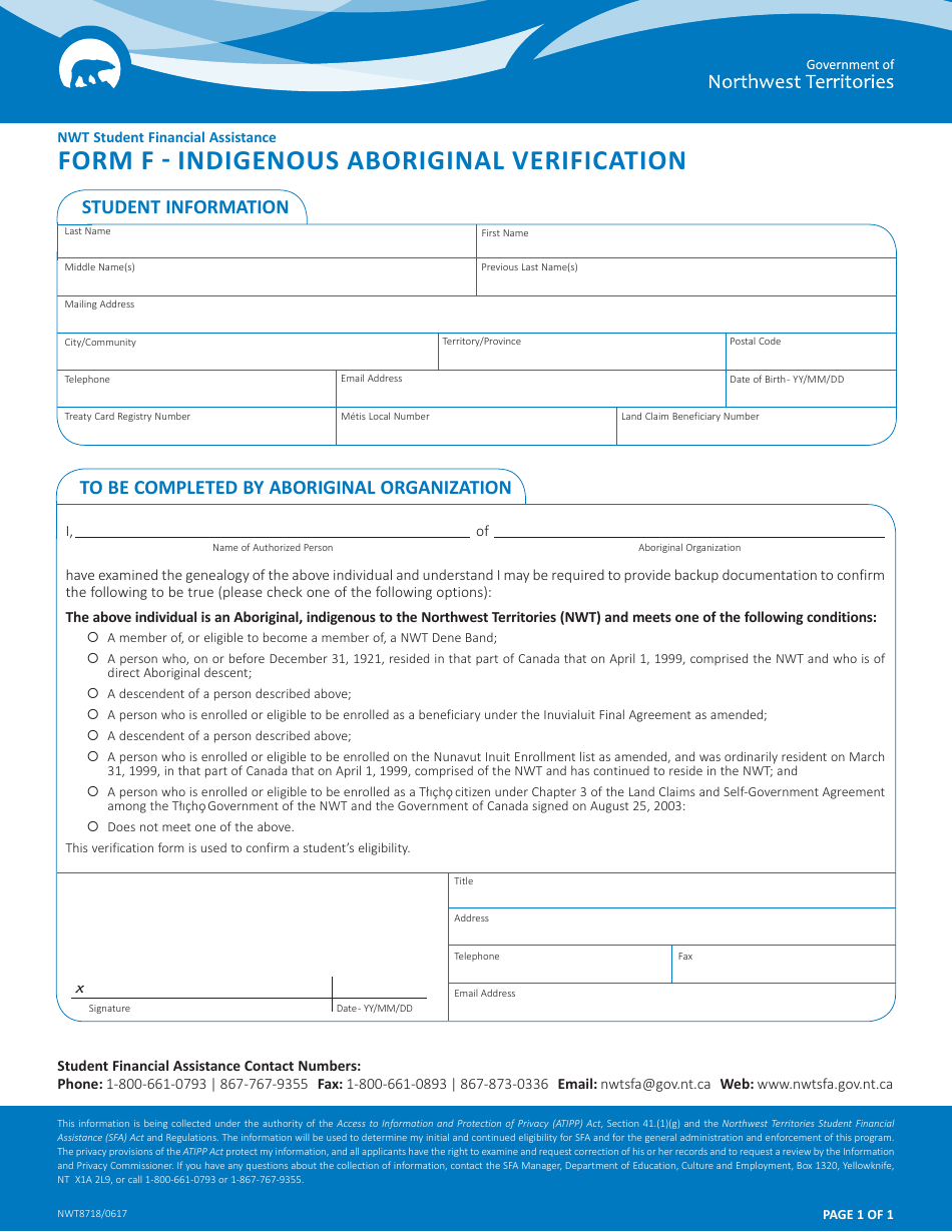 Native Status Application Form Form F (NWT8718) - Fill Out, Sign Online and Download Fillable PDF ...