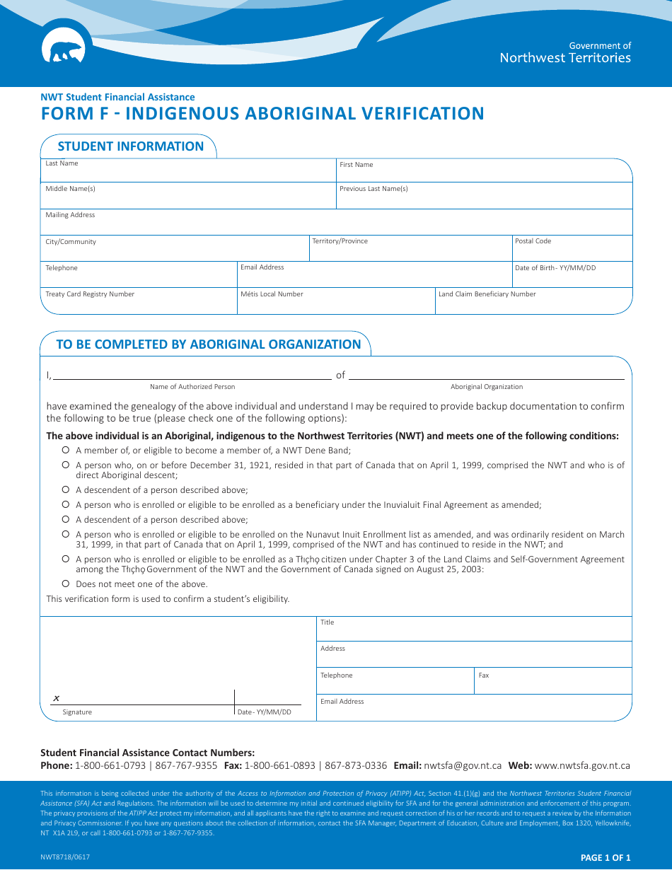 Form F (NWT8718) Indigenous Aboriginal Verification - Northwest Territories, Canada, Page 1
