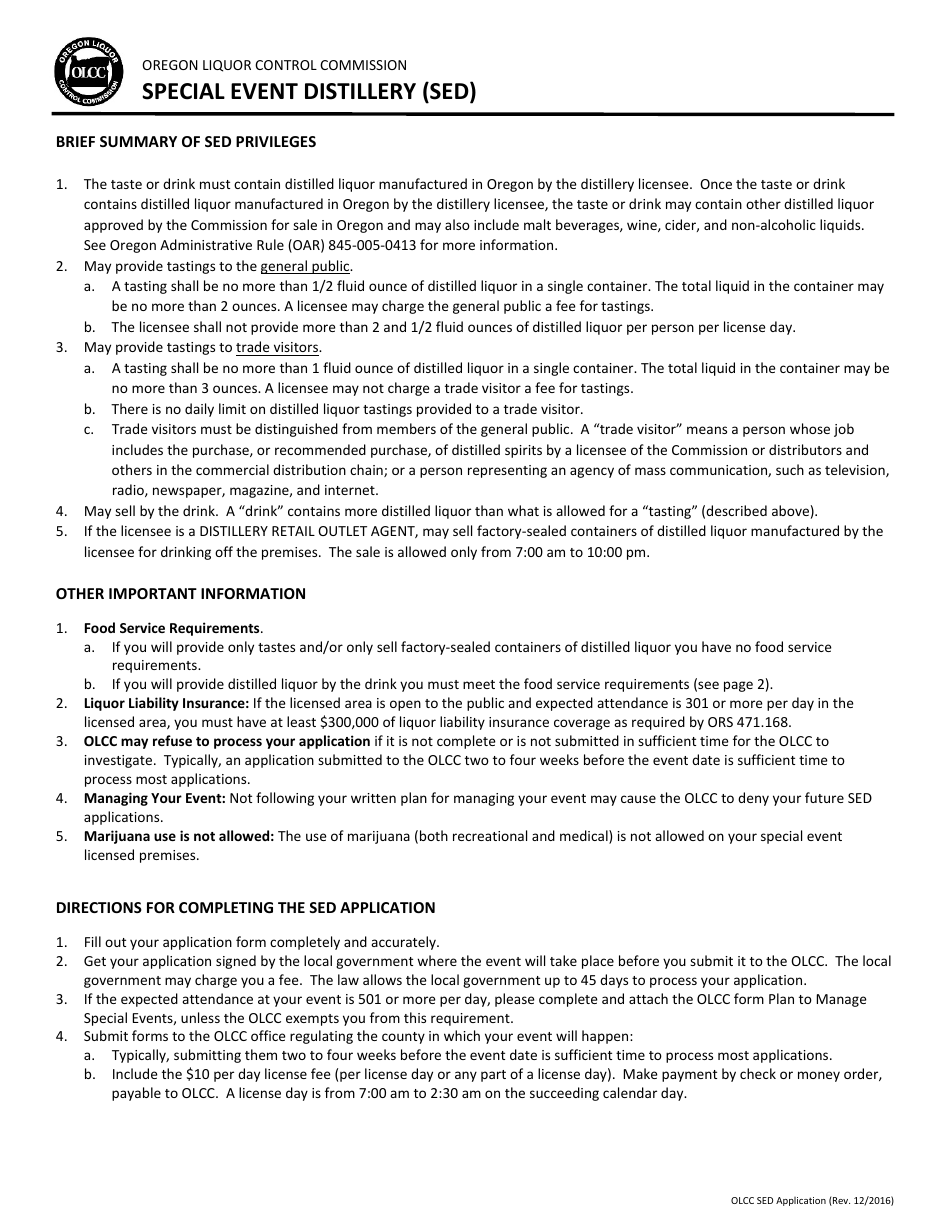 Special Event Distillery (Sed) Application Form - Oregon, Page 1
