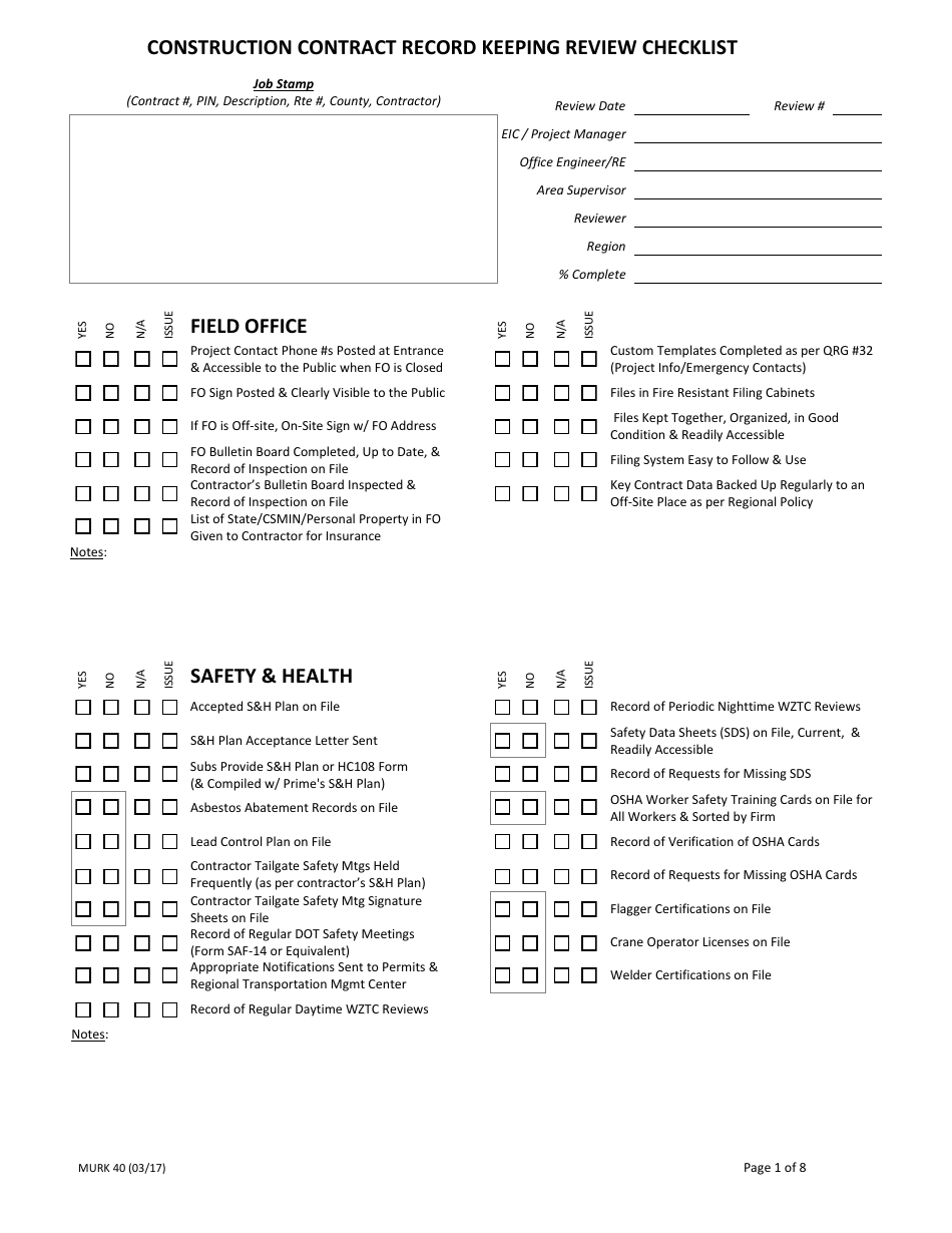 Form MURK40 Construction Contract Record Keeping Review Checklist - New York, Page 1