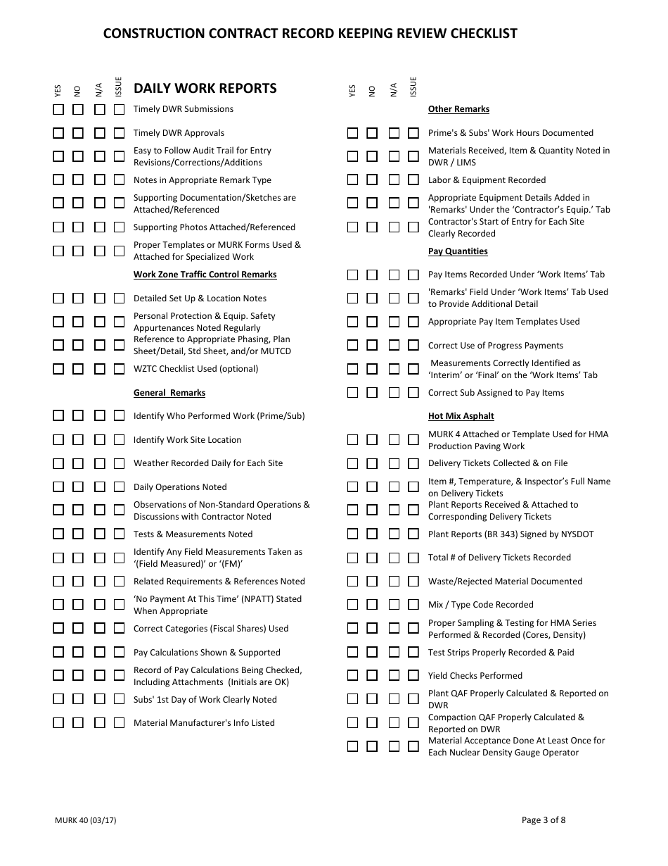 Form MURK40 Construction Contract Record Keeping Review Checklist - New York, Page 3