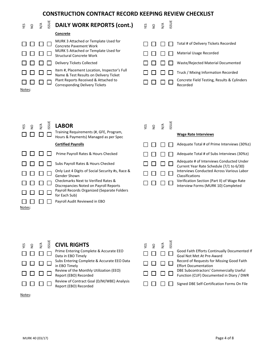 Form MURK40 Construction Contract Record Keeping Review Checklist - New York, Page 4