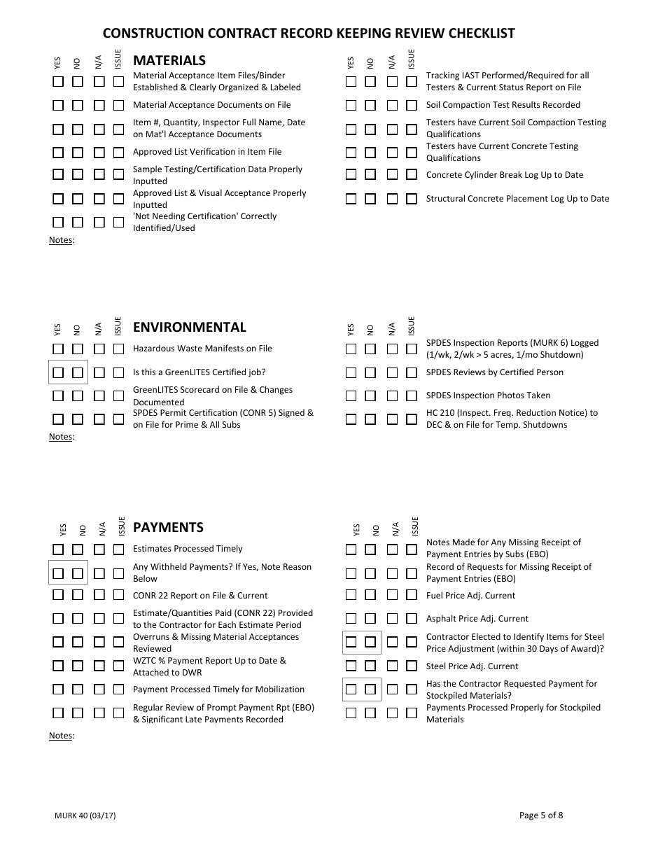Form MURK40 Construction Contract Record Keeping Review Checklist - New York, Page 5