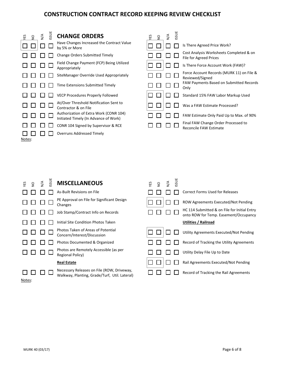 Form MURK40 Construction Contract Record Keeping Review Checklist - New York, Page 6