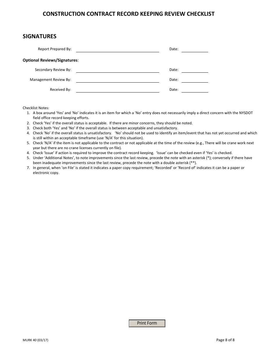 Form MURK40 Construction Contract Record Keeping Review Checklist - New York, Page 8