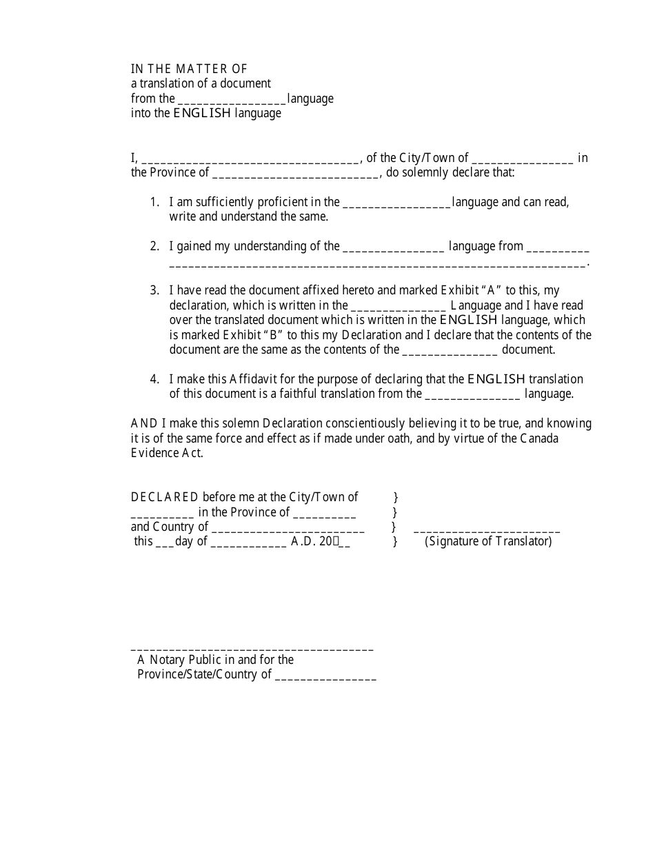 Saskatchewan Canada Translator Affidavit Download Fillable PDF