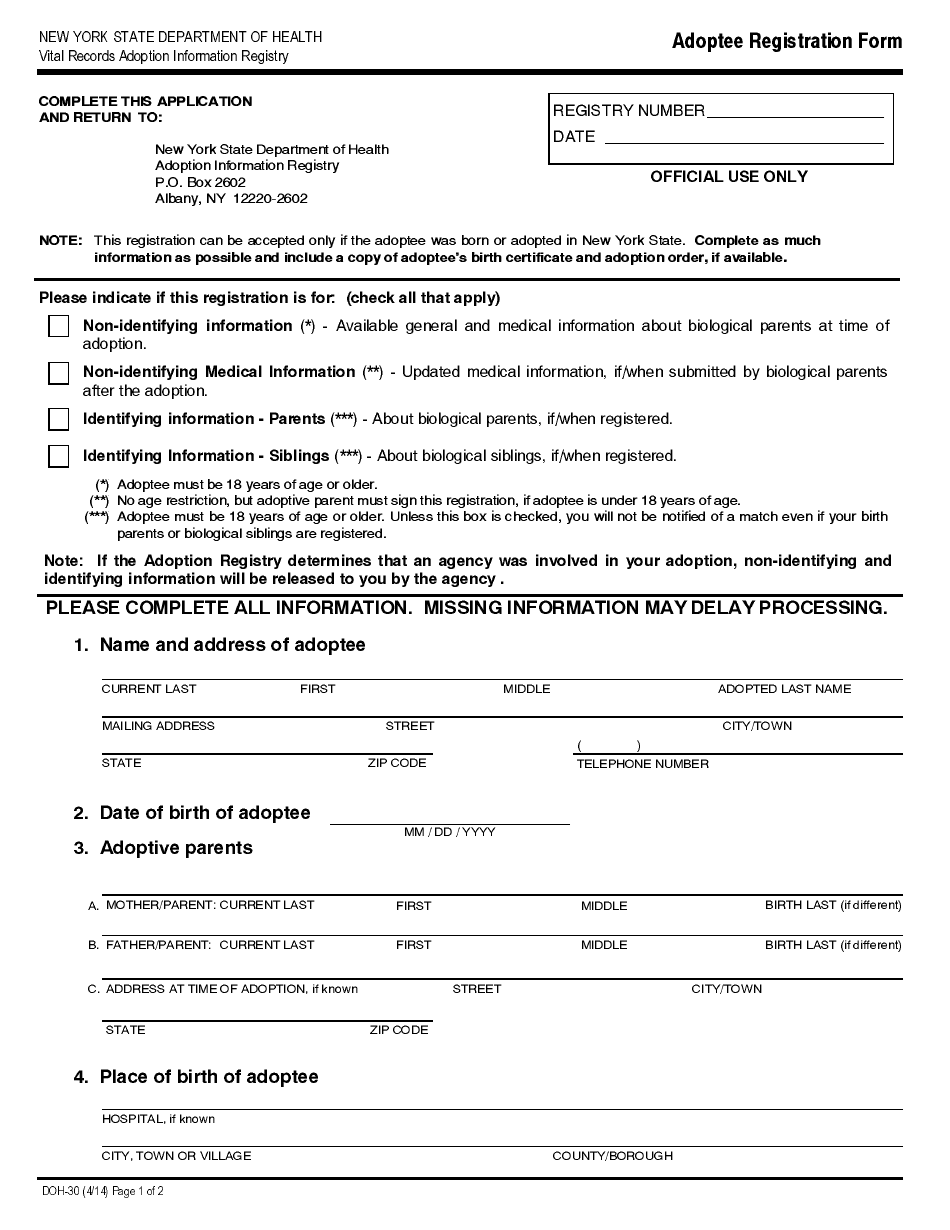 Form DOH-30 Adoptee Registration Form - New York, Page 1