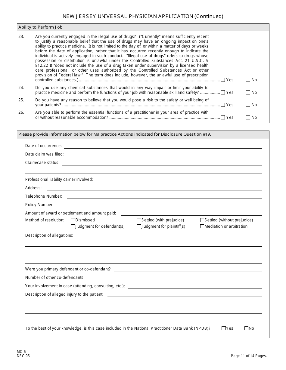 Form MC-5 New Jersey Universal Physician Application - New Jersey, Page 11