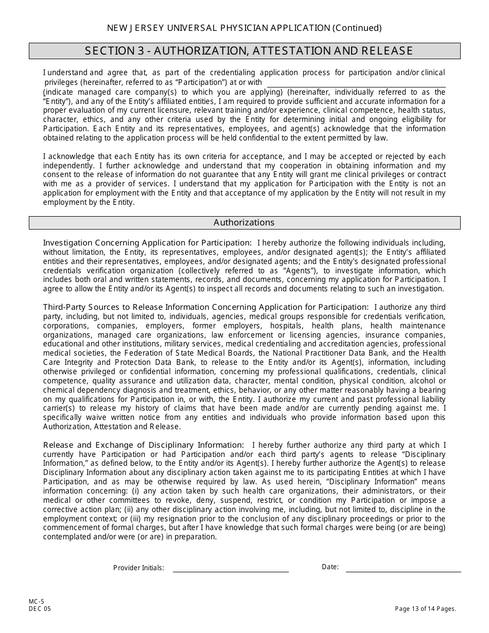 Form MC-5 New Jersey Universal Physician Application - New Jersey, Page 13