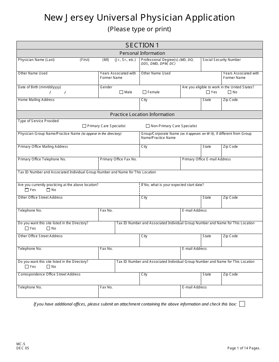 Form MC-5 New Jersey Universal Physician Application - New Jersey, Page 1