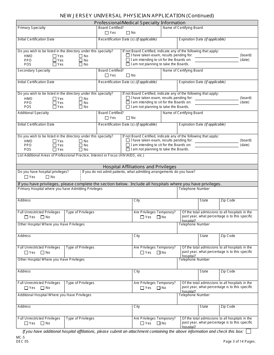 Form MC-5 New Jersey Universal Physician Application - New Jersey, Page 3