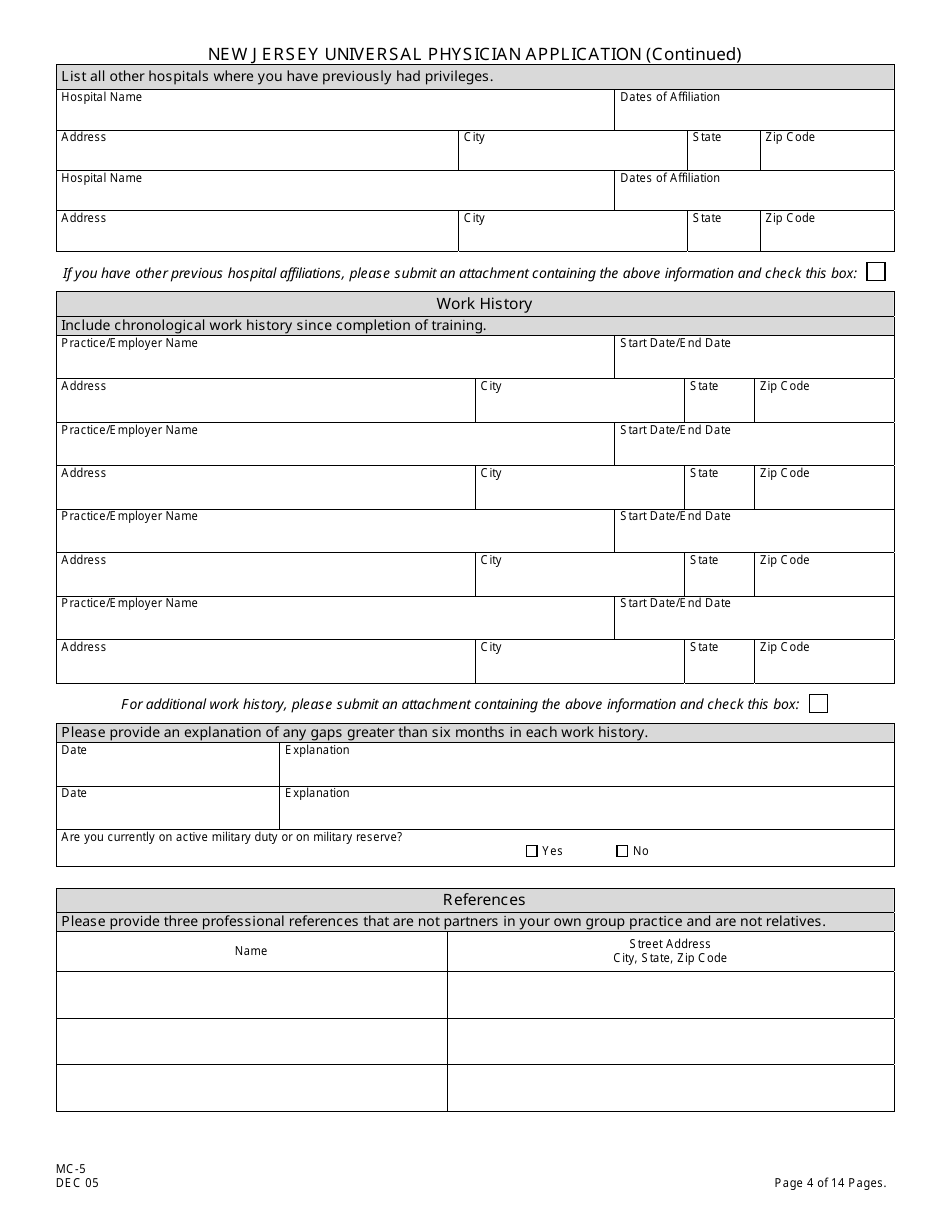 Form MC-5 New Jersey Universal Physician Application - New Jersey, Page 4