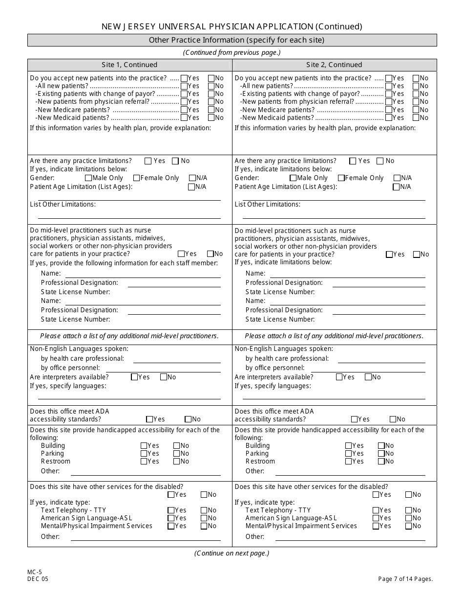 Form MC-5 New Jersey Universal Physician Application - New Jersey, Page 7