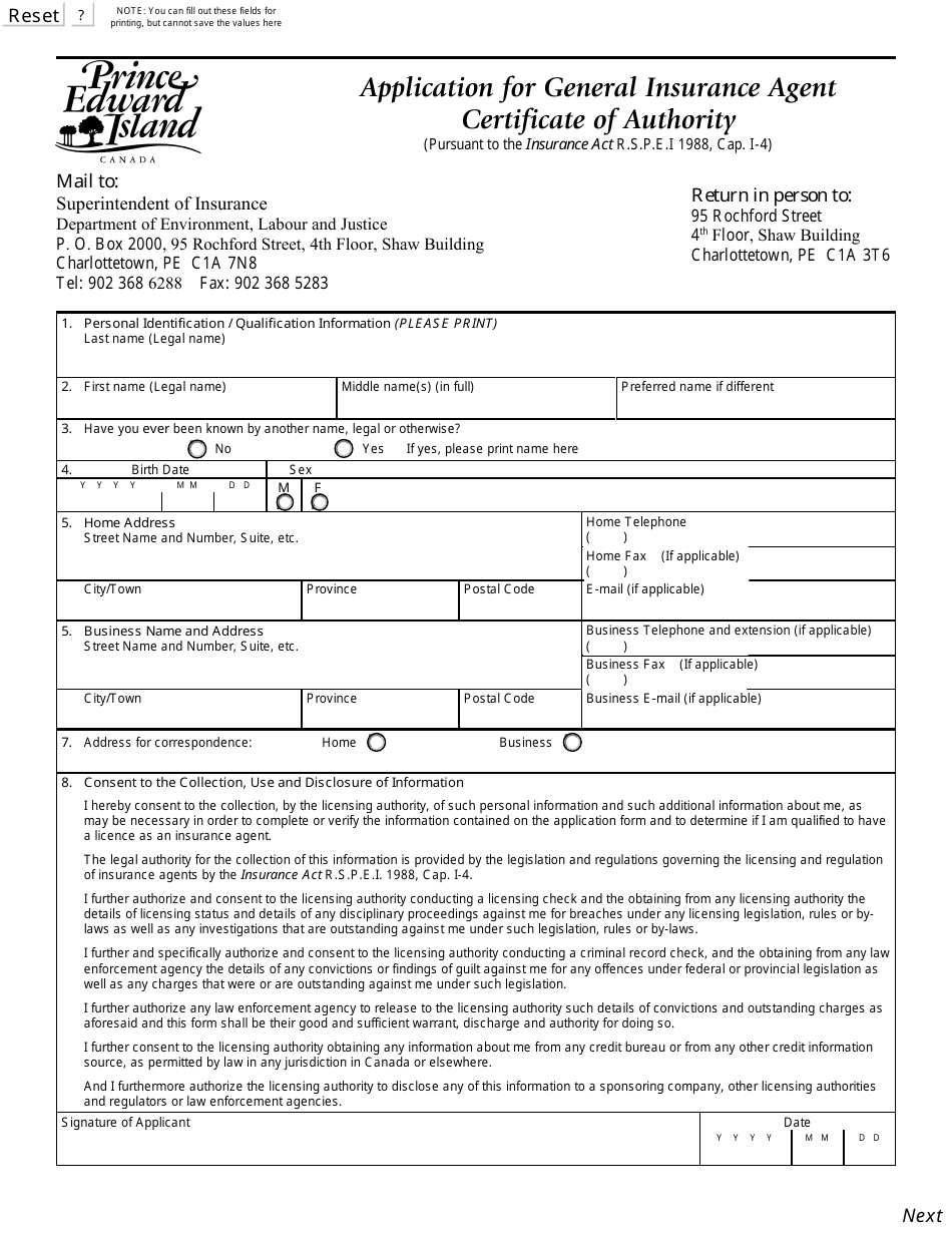 Application for General Insurance Agent Certificate of Authority - Prince Edward Island, Canada, Page 1