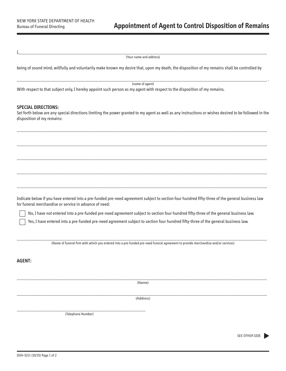 Form DOH-5211 Appointment of Agent to Control Disposition of Remains - New York, Page 1