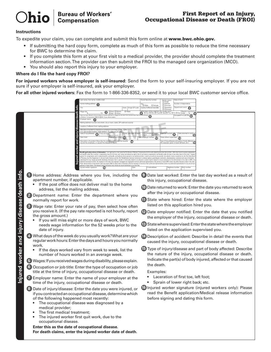 Form FROI-1 (BWC-1101) First Report of an Injury, Occupational Disease or Death - Ohio, Page 1