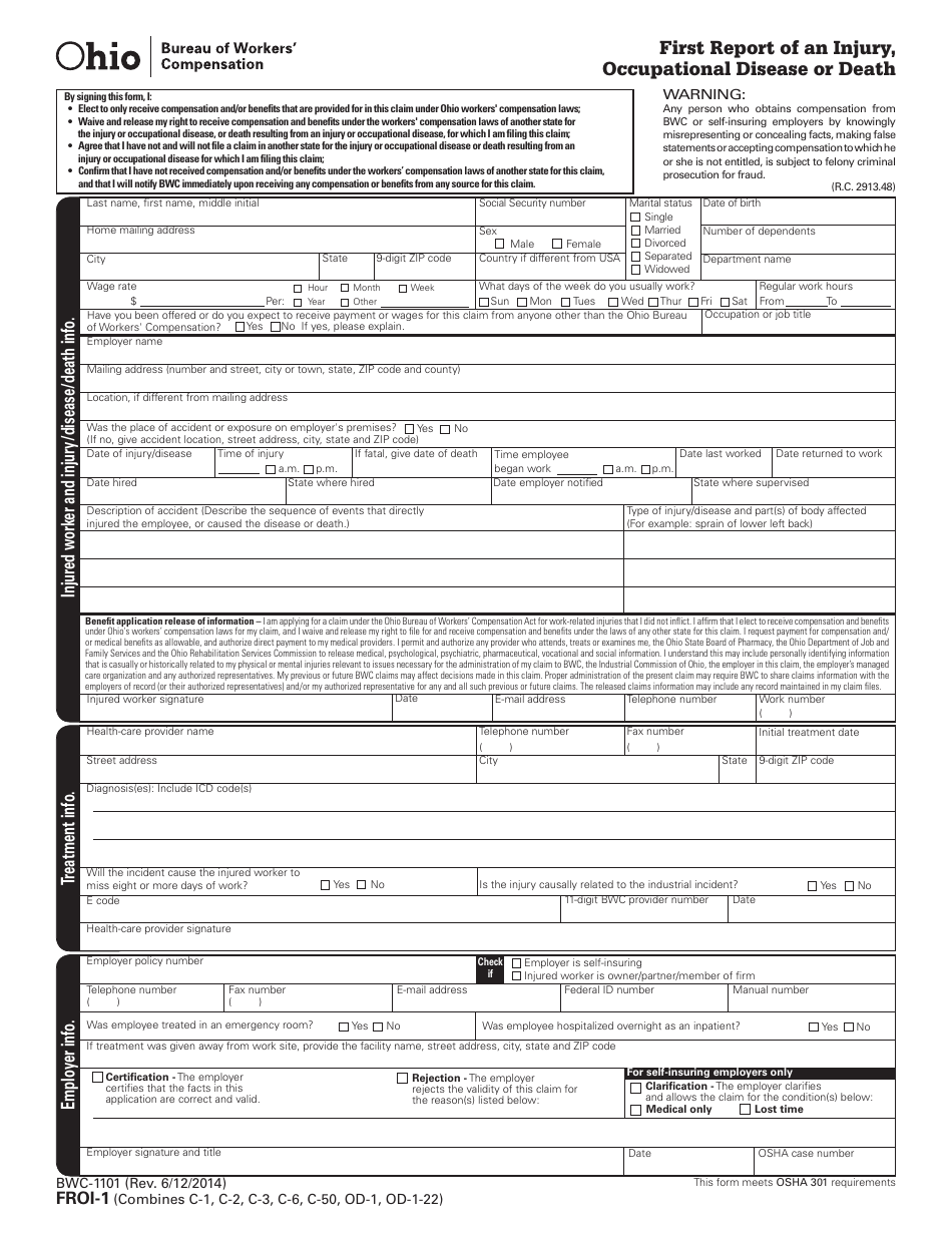 Form FROI-1 (BWC-1101) First Report of an Injury, Occupational Disease or Death - Ohio, Page 3