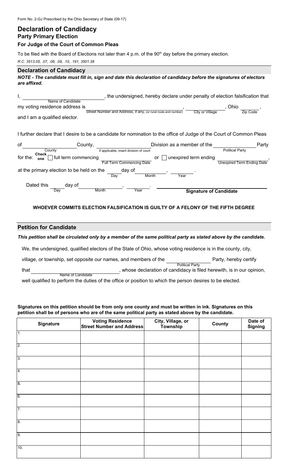 Form 2-GJ Declaration of Candidacy - Party Primary Election for Judge of the Court of Common Pleas - Ohio, Page 1