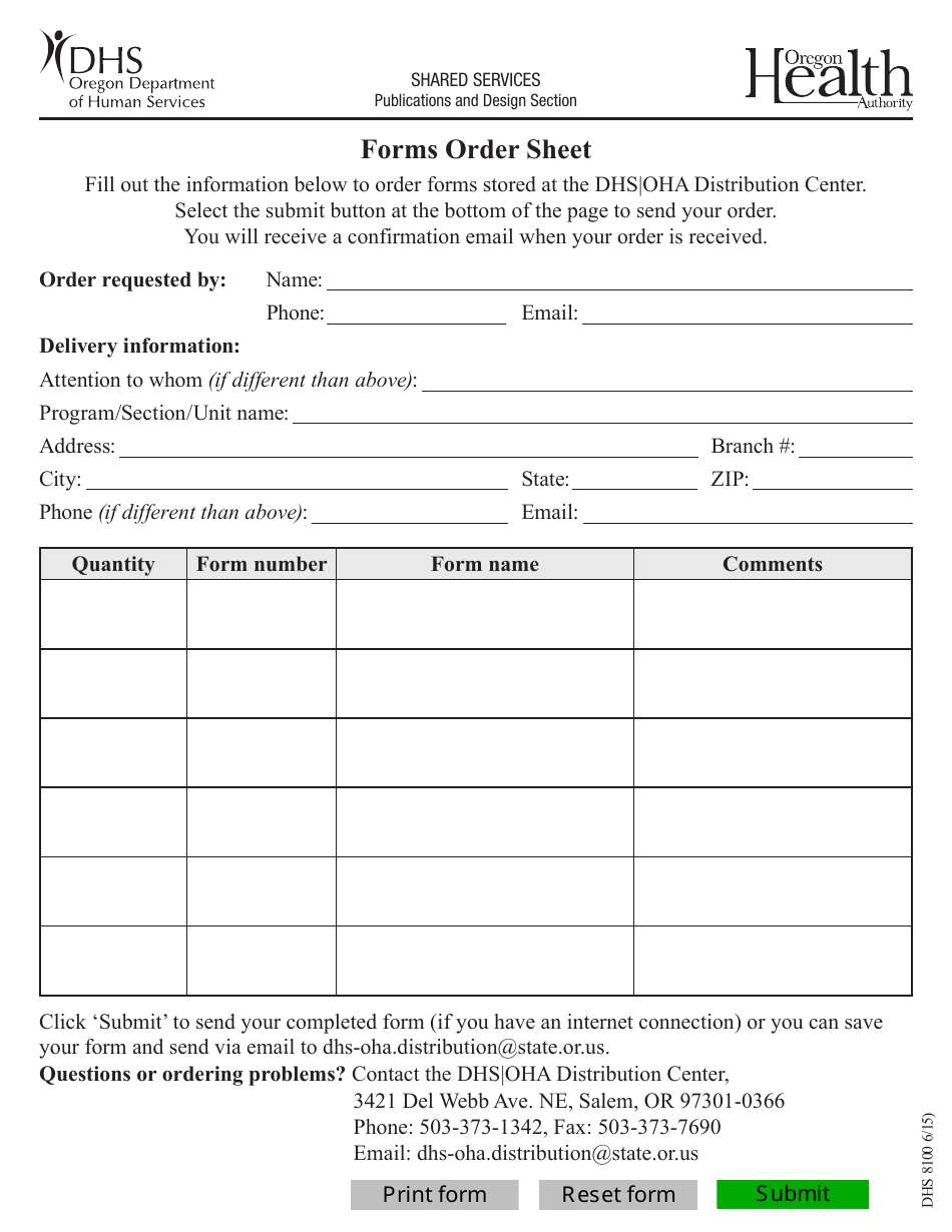 Form DHS8100 Forms Order Sheet - Oregon, Page 1