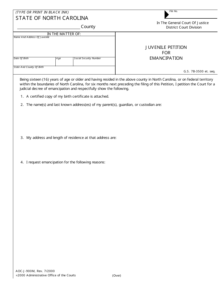 Form AOC-J-900M Juvenile Petition for Emancipation - North Carolina, Page 1