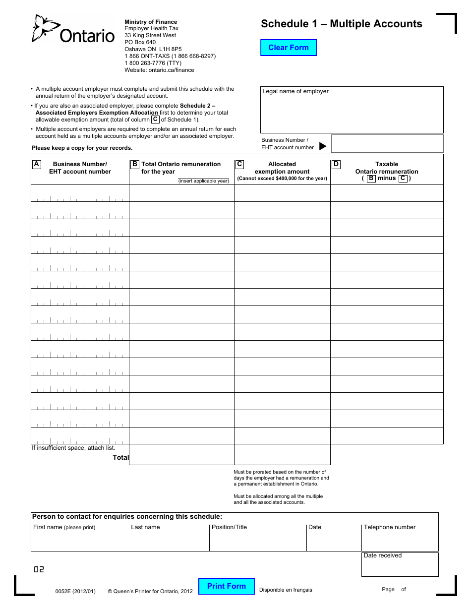 Form 0052E Schedule 1 Multiple Accounts - Ontario, Canada, Page 1