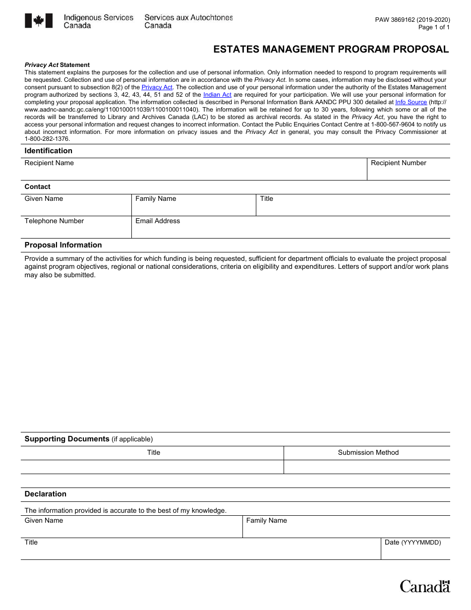Form PAW3869162 Estates Management Program Proposal - Canada, Page 1