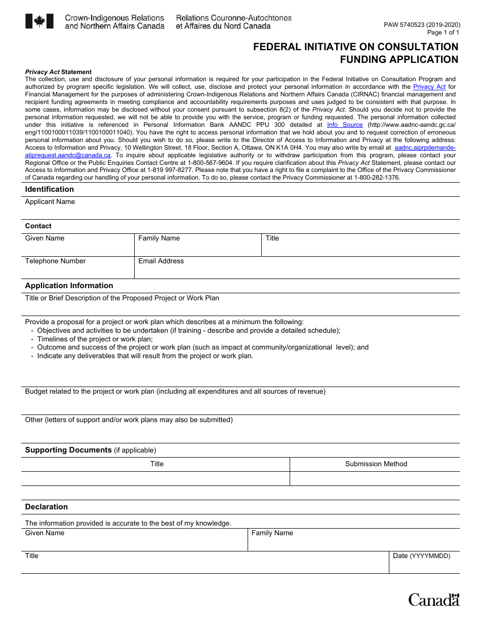 Form PAW5740523 Federal Initiative on Consultation Funding Application - Canada, Page 1