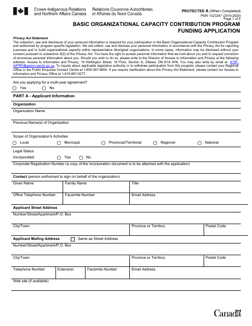 Form PAW1323247 Basic Organizational Capacity Contribution Program Funding Application - Canada, 2020