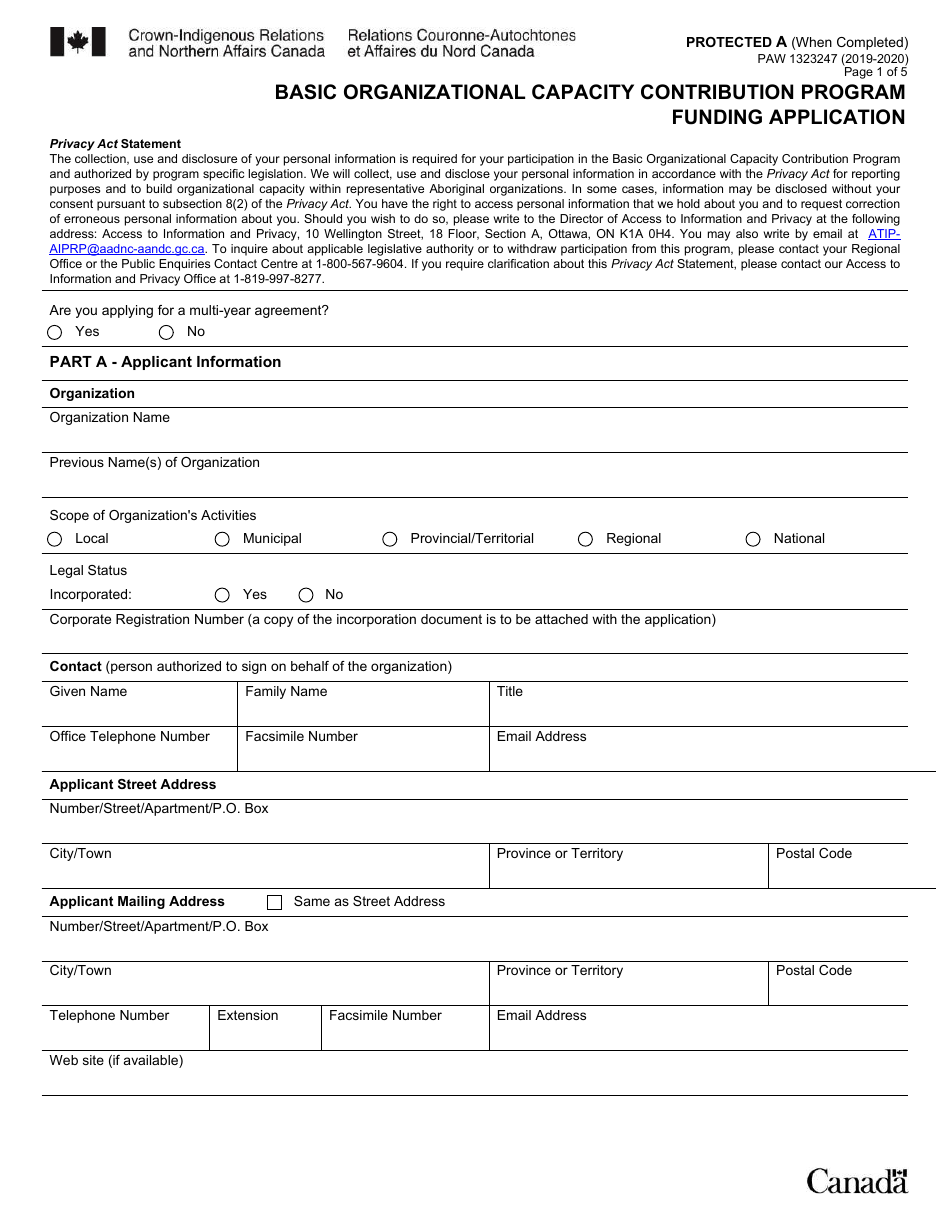 Form PAW1323247 Basic Organizational Capacity Contribution Program Funding Application - Canada, Page 1